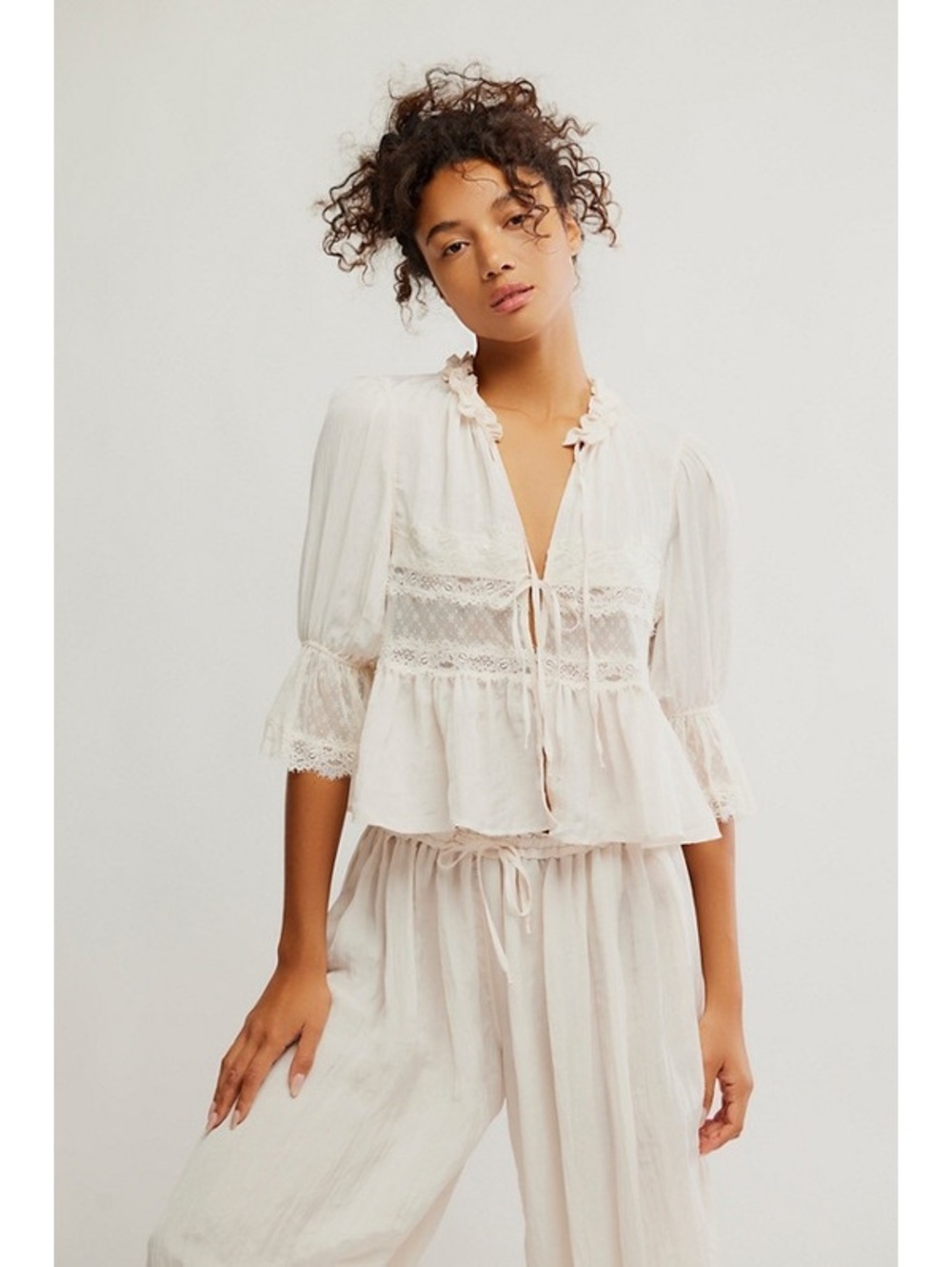 FREE PEOPLE forever young front tie satin lace bed jacket